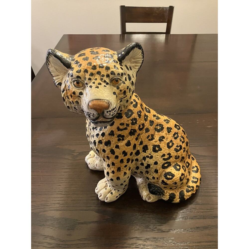 Italian Mid Century Hollywood Regency Majolica Terracotta Leopard Cub Statue